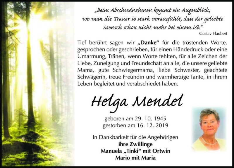  Traueranzeige für Helga Mendel  vom 25.01.2020 aus Magdeburger Volksstimme