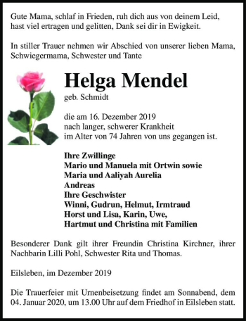 Traueranzeige von Helga Mendel (geb. Schmidt)  von Magdeburger Volksstimme