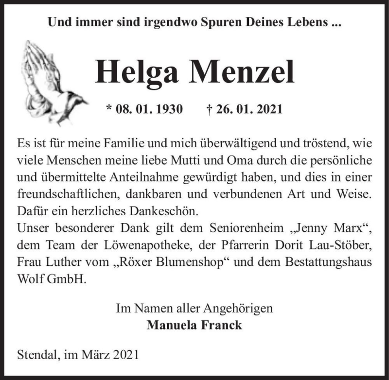  Traueranzeige für Helga Menzel  vom 13.03.2021 aus Magdeburger Volksstimme
