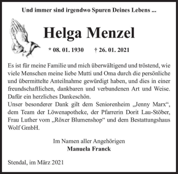 Traueranzeige von Helga Menzel  von Magdeburger Volksstimme
