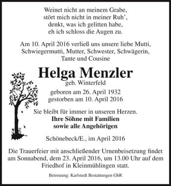 Traueranzeige von Helga Menzler (geb. Winterfeld)  von Magdeburger Volksstimme