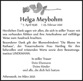 Traueranzeige von Helga Meybohm  von Magdeburger Volksstimme