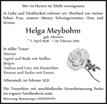 Traueranzeige von Helga Meybohm (geb. Altmann)  von Magdeburger Volksstimme