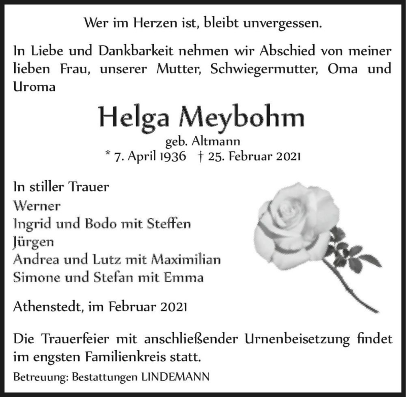  Traueranzeige für Helga Meybohm (geb. Altmann)  vom 06.03.2021 aus Magdeburger Volksstimme