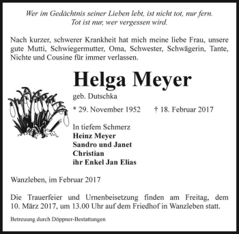 Traueranzeige von Helga Meyer (geb. Dutschka)  von Magdeburger Volksstimme