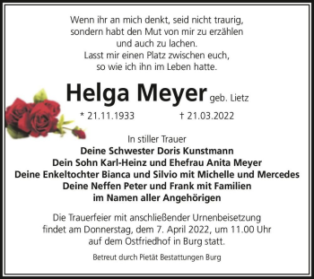 Traueranzeige von Helga Meyer (geb. Lietz)  von Magdeburger Volksstimme
