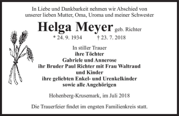 Traueranzeige von Helga Meyer (geb. Richter)  von Magdeburger Volksstimme
