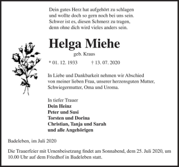 Traueranzeige von Helga Miehe (geb. Kraus)  von Magdeburger Volksstimme