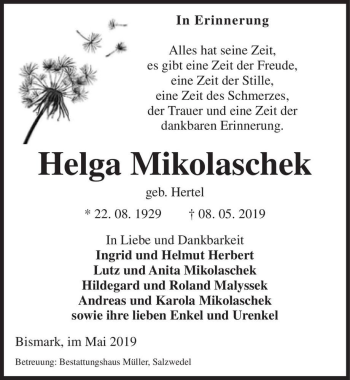 Traueranzeige von Helga Mikolaschek (geb. Hertel)  von Magdeburger Volksstimme