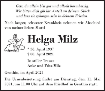 Traueranzeige von Helga Milz  von Magdeburger Volksstimme
