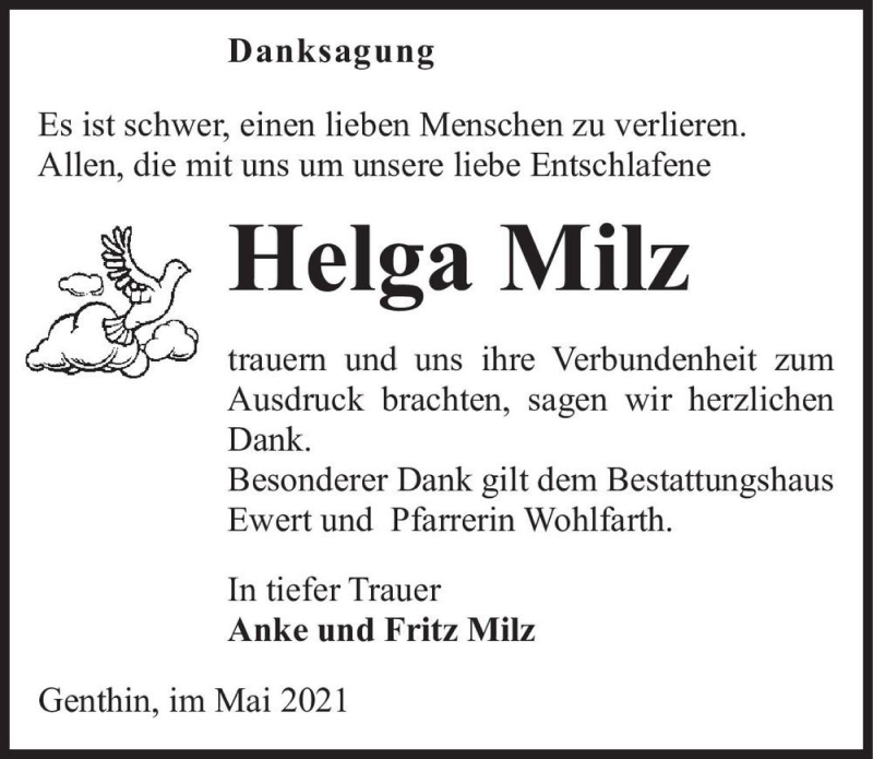  Traueranzeige für Helga Milz  vom 22.05.2021 aus Magdeburger Volksstimme