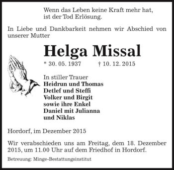 Traueranzeige von Helga Missal  von Magdeburger Volksstimme