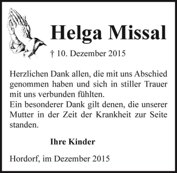 Traueranzeige von Helga Missal  von Magdeburger Volksstimme