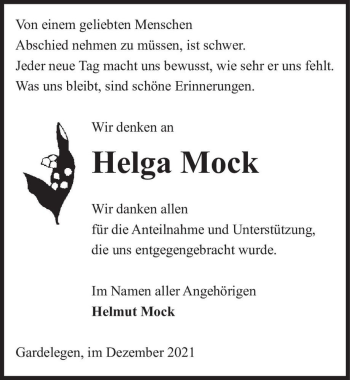 Traueranzeige von Helga Mock  von Magdeburger Volksstimme