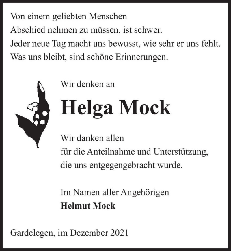  Traueranzeige für Helga Mock  vom 10.12.2021 aus Magdeburger Volksstimme