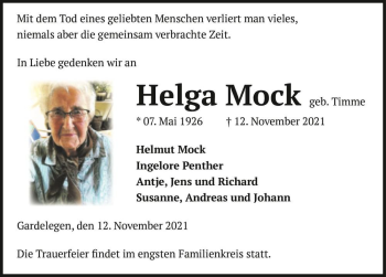 Traueranzeige von Helga Mock (geb. Timme)  von Magdeburger Volksstimme