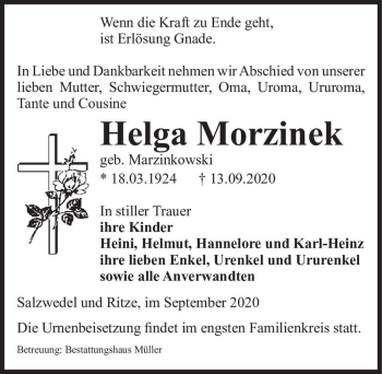 Traueranzeige von Helga Morzinek (geb. Marzinkowski)  von Magdeburger Volksstimme