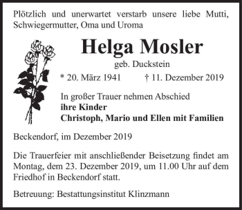 Traueranzeige von Helga Mosler (geb. Duckstein)  von Magdeburger Volksstimme