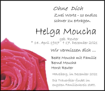 Traueranzeige von Helga Moucha (geb. Reuter)  von Magdeburger Volksstimme