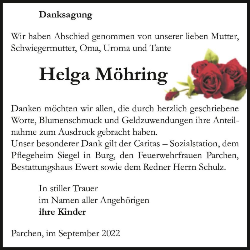  Traueranzeige für Helga Möhring  vom 01.10.2022 aus Magdeburger Volksstimme
