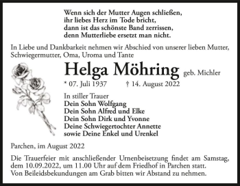Traueranzeige von Helga Möhring Möhring (geb. Michler)  von Magdeburger Volksstimme
