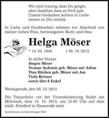 Traueranzeige von Helga Möser  von Magdeburger Volksstimme