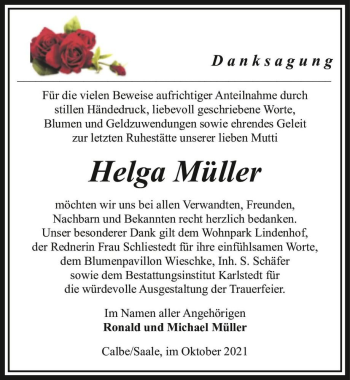 Traueranzeige von Helga Müller  von Magdeburger Volksstimme