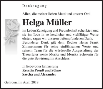 Traueranzeige von Helga Müller  von Magdeburger Volksstimme