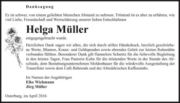 Traueranzeige von Helga Müller  von Magdeburger Volksstimme