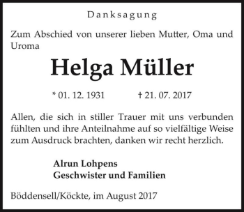 Traueranzeige von Helga Müller  von Magdeburger Volksstimme