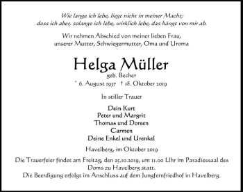 Traueranzeige von Helga Müller (geb. Becher)  von Magdeburger Volksstimme