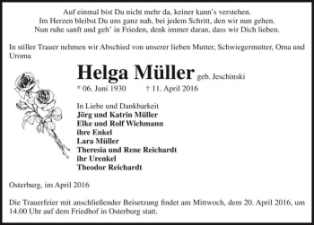 Traueranzeige von Helga Müller (geb. Jeschinski)  von Magdeburger Volksstimme