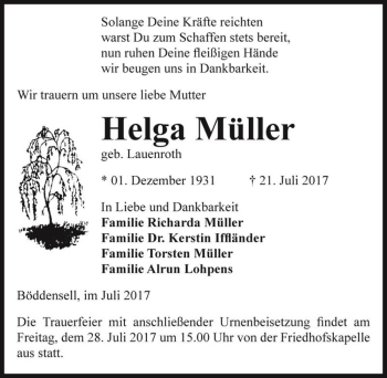 Traueranzeige von Helga Müller (geb. Lauenroth)  von Magdeburger Volksstimme