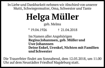 Traueranzeige von Helga Müller (geb. Melms)  von Magdeburger Volksstimme