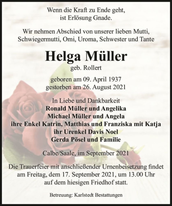 Traueranzeige von Helga Müller (geb. Rollert)  von Magdeburger Volksstimme