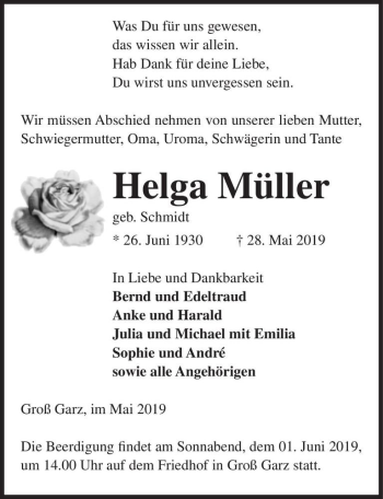 Traueranzeige von Helga Müller (geb. Schmidt)  von Magdeburger Volksstimme