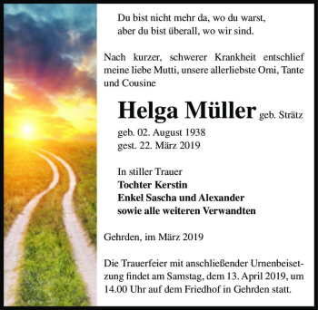 Traueranzeige von Helga Müller (geb. Strätz)  von Magdeburger Volksstimme