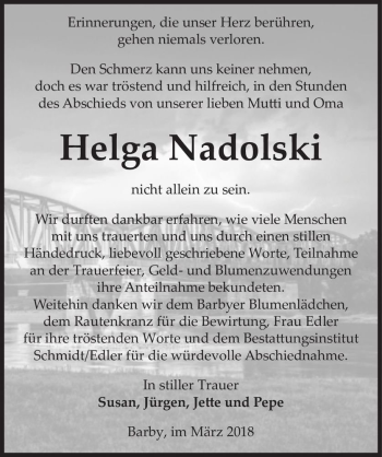Traueranzeige von Helga Nadolski  von Magdeburger Volksstimme