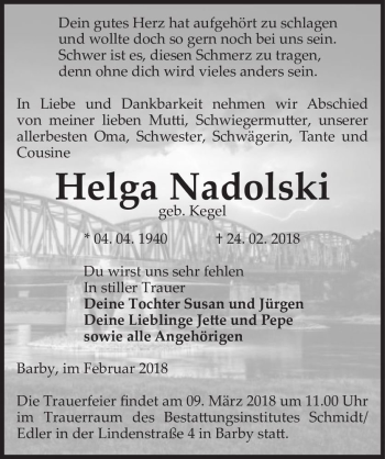 Traueranzeige von Helga Nadolski (geb. Kegel)  von Magdeburger Volksstimme