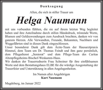 Traueranzeige von Helga Naumann  von Magdeburger Volksstimme
