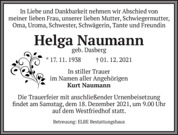 Traueranzeige von Helga Naumann (geb. Dasberg)  von Magdeburger Volksstimme