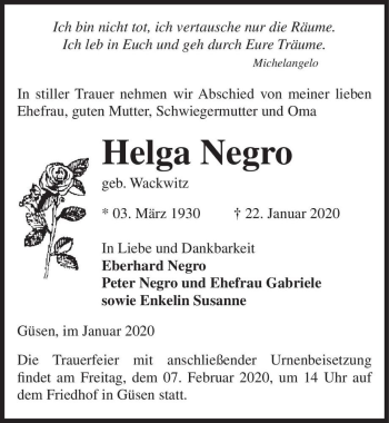 Traueranzeige von Helga Negro (geb. Wackwitz)  von Magdeburger Volksstimme