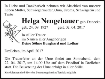Traueranzeige von Helga Neugebauer (geb. Denecke)  von Magdeburger Volksstimme