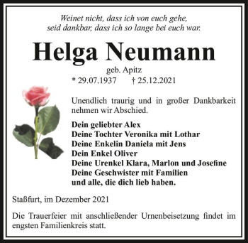 Traueranzeige von Helga Neumann (geb. Apitz)  von Magdeburger Volksstimme