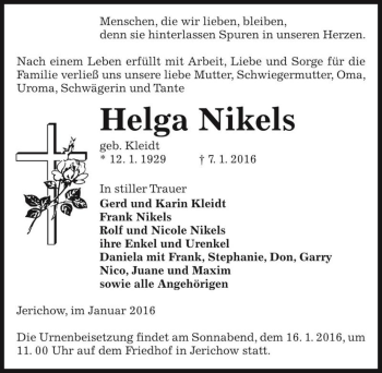 Traueranzeige von Helga Nikels (geb. Kleidt)  von Magdeburger Volksstimme