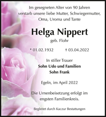 Traueranzeige von Helga Nippert (geb. Flohr)  von Magdeburger Volksstimme