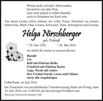 Traueranzeige von Helga Nirschberger (geb. Kühnaß)  von Magdeburger Volksstimme