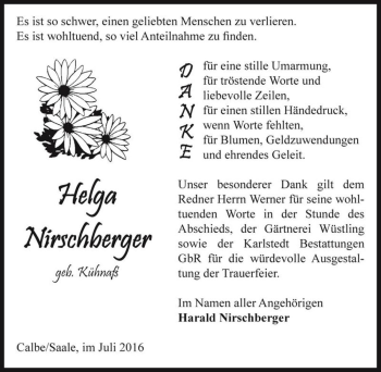 Traueranzeige von Helga Nirschberger (geb. Kühnaß)  von Magdeburger Volksstimme