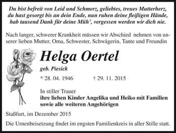 Traueranzeige von Helga Oertel (geb. Piesick)  von Magdeburger Volksstimme