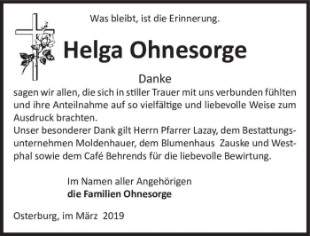Traueranzeige von Helga Ohnesorge  von Magdeburger Volksstimme
